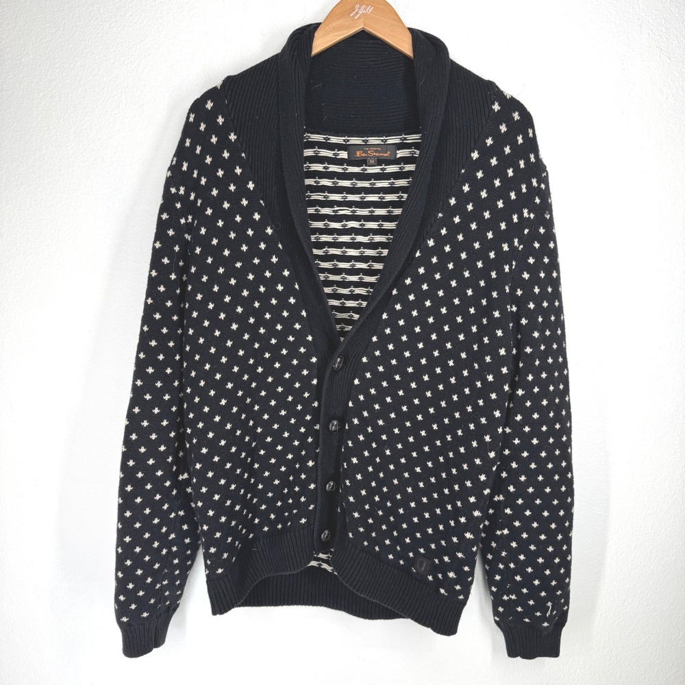Ben Sherman Mens Shawl Collar Cardigan Birds Eye Wool Sweater Size M Heritage